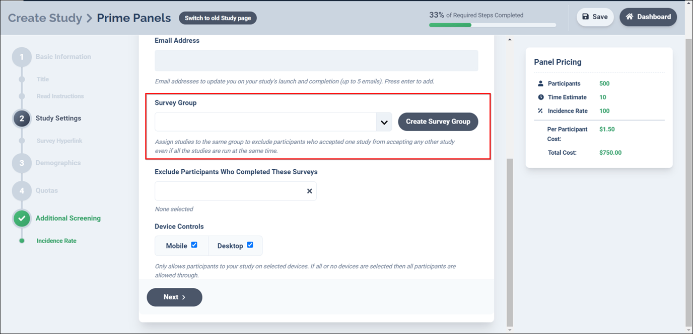 Creating a Survey Group on Prime Panels