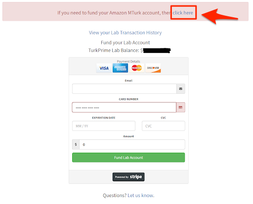 TurkPrime Fund Account Page with link to funding MTurk account