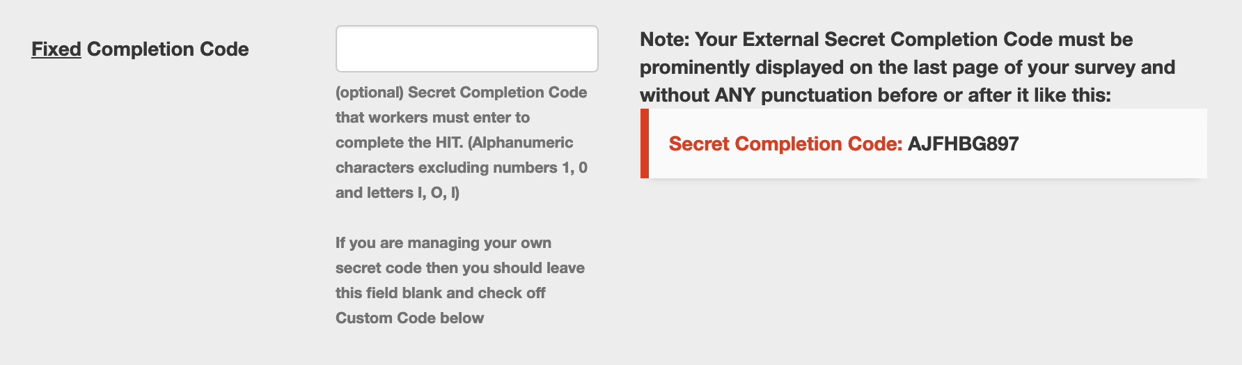 Approval Codes on MTurk: Fixed Completion Code