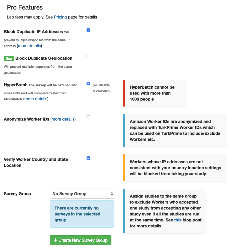 TurkPrime MTurk Toolkit Study Setup: Pro Features